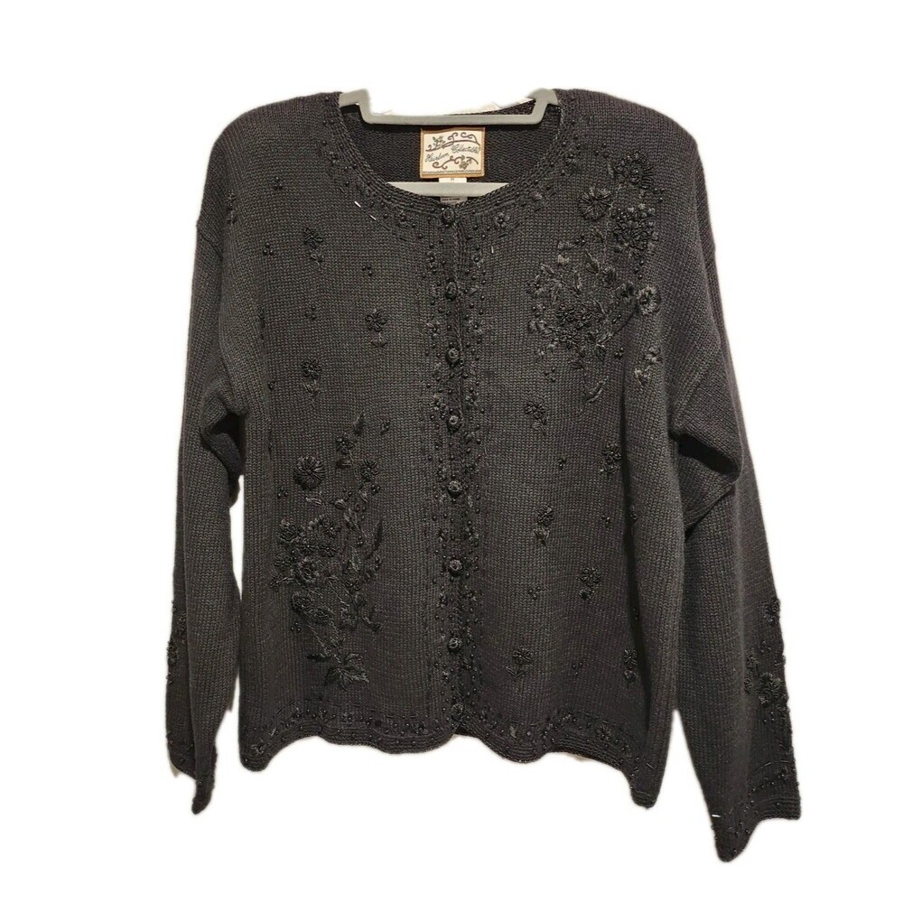 Vintage Heirloom Collectibles Embroidered Beaded Cardigan Sweater Black Medium